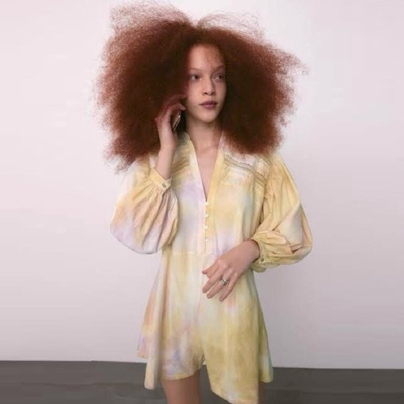 Zara NEW Yellow Tie-Dye Playsuit Jumpsuit Puff Sleeve V-Neck Size M - Picture 14 of 14